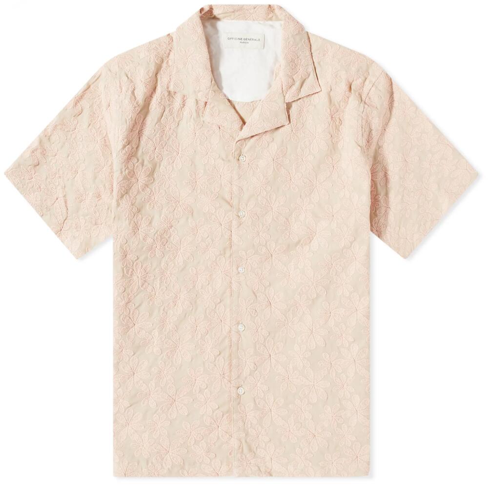 Officine Generale Men's Officine Générale Eren Embroidered Vacation Shirt in Pink/Beige Cover