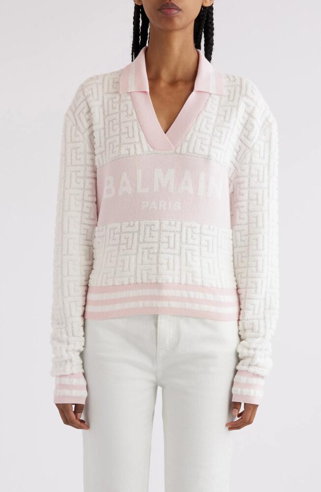 Balmain Sponge Knit Monogram Long Sleeve Polo Sweater in White/Pale Pink Cover