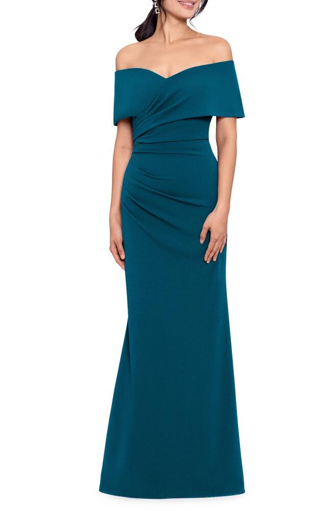 Betsy & Adam Off the Shoulder Crepe Gown in Azure Cover