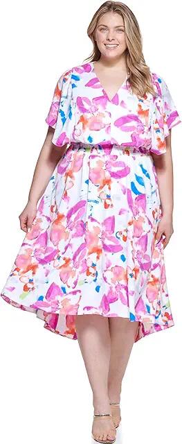 DKNY Plus Size Flutter Sleeve Smock Dress (Flamingo) Women's Clothing Cover