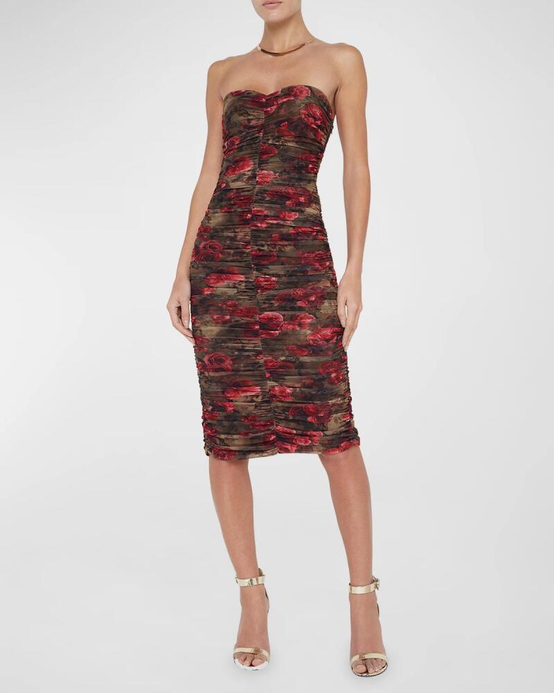 L'Agence Floral Cheetah Caprice Ruched Strapless Midi Dress Cover