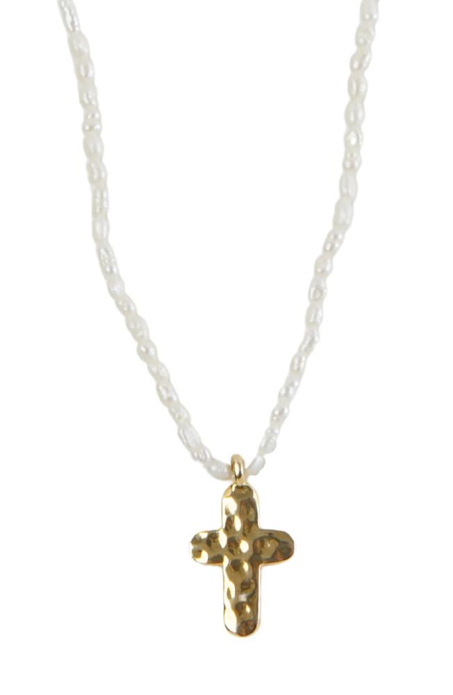 Argento Vivo Sterling Silver Freshwater Pearl Cross Pendant Necklace in Gold Cover