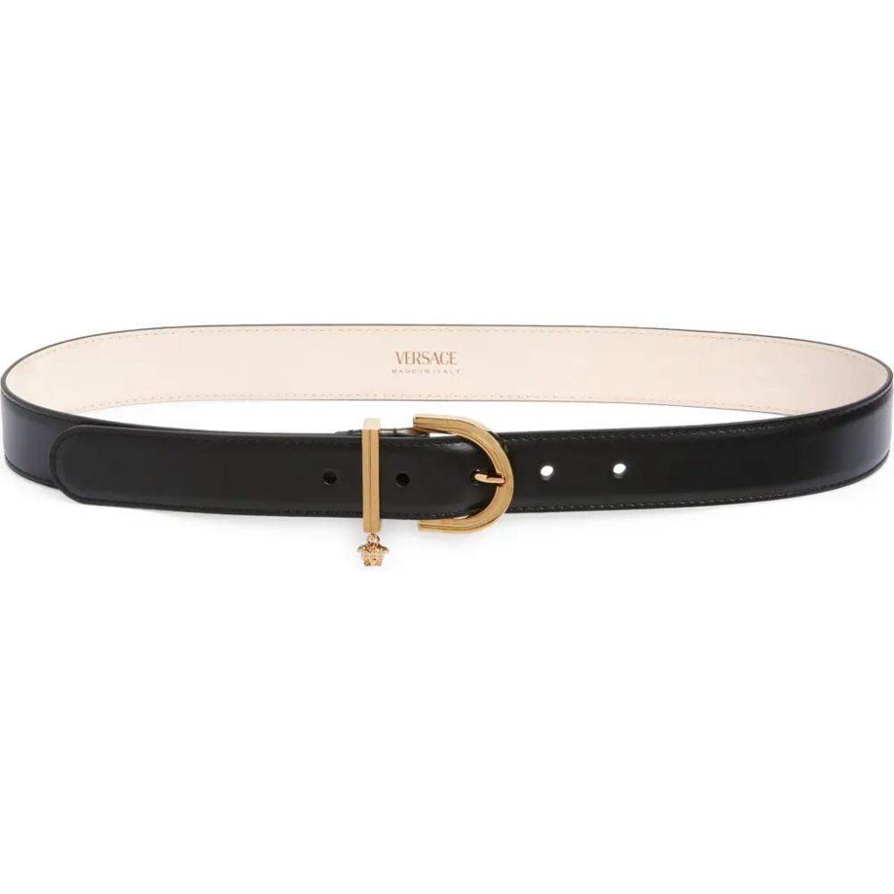 Versace Medusa Charm Leather Belt in Black-Versace Gold Cover