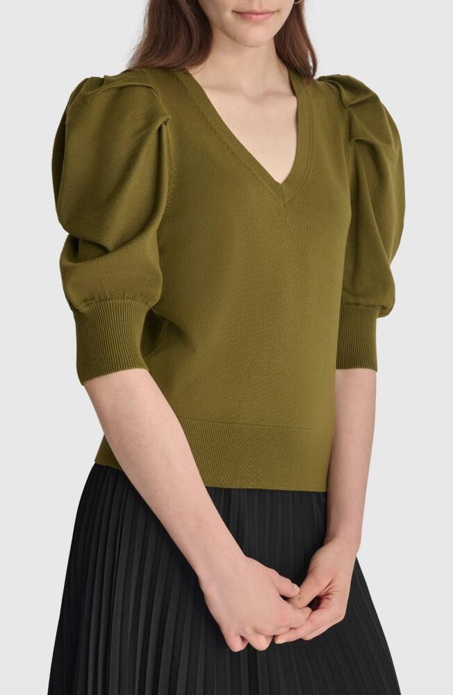 DKNY Puff Sleeve V-Neck Sweater in Dark Olive Cover