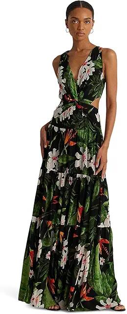 LAUREN Ralph Lauren Floral Georgette Tiered Gown (Black/Green/Multi) Women's Clothing Cover