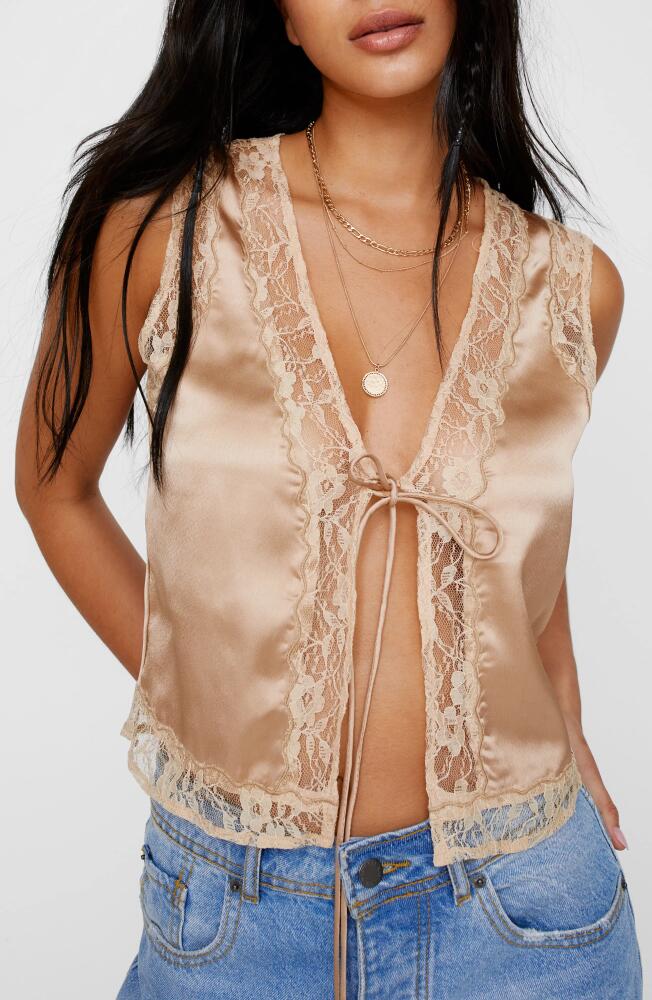 NASTY GAL Tie Front Lace Satin Tank in Champagne Cover