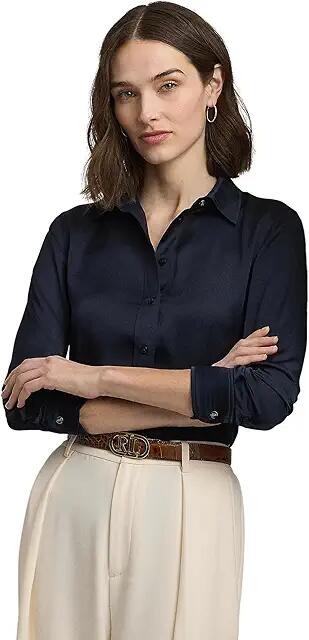 LAUREN Ralph Lauren Classic Fit Satin Charmeuse Shirt (Lauren Navy) Women's Clothing Cover