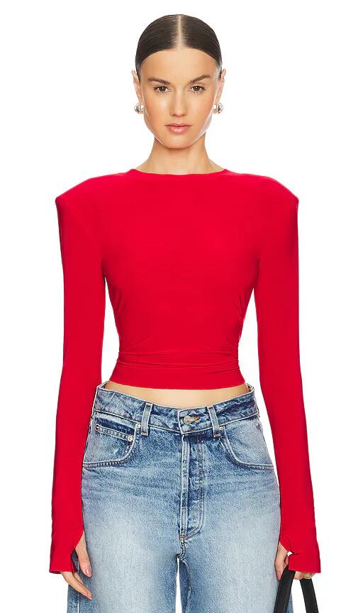 Norma Kamali Shoulder Pad Long Sleeve Crew Top in Red Cover