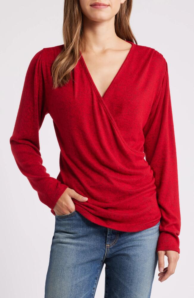 Loveappella Long Sleeve Faux Wrap Top in Red Cover