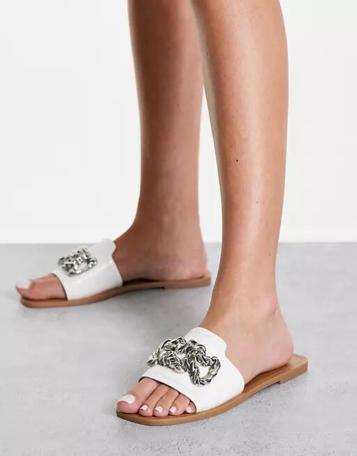 ASOS DESIGN Felix flat mules with metal trim in white croc Cover