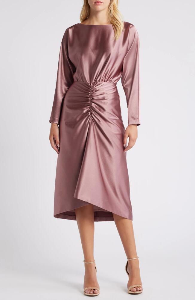 Julia Jordan Long Sleeve Satin Cocktail Midi Dress in Mauve Cover