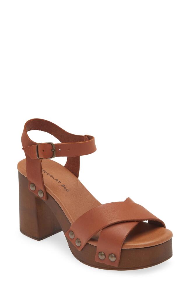 Chocolat Blu Hira Ankle Strap Platform Sandal in Cognac Leather Cover