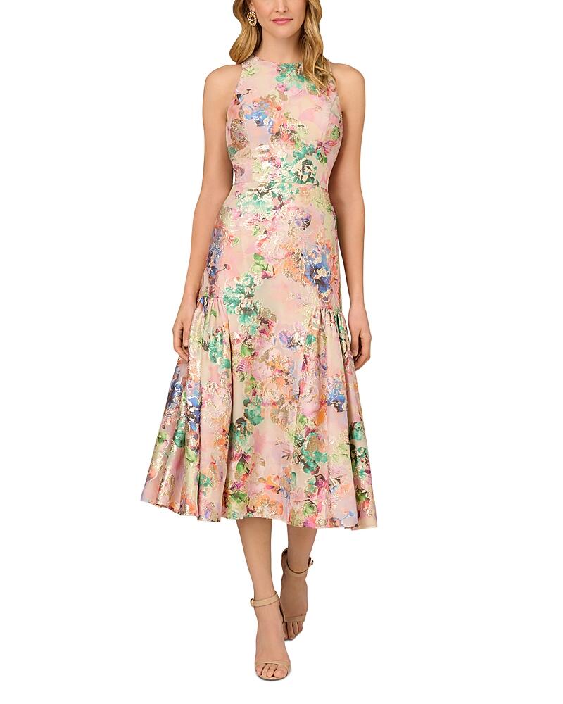 Aidan Mattox Floral Print Jacquard Midi Dress Cover