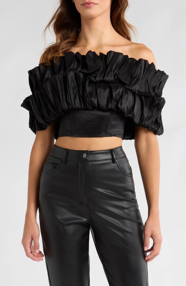 NASTY GAL Ruffle Off the Shoulder Taffeta Crop Top in Black Cover