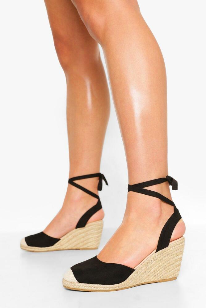 boohoo Womens Wide Width Wrap Up Espadrille Wedges - Black Cover