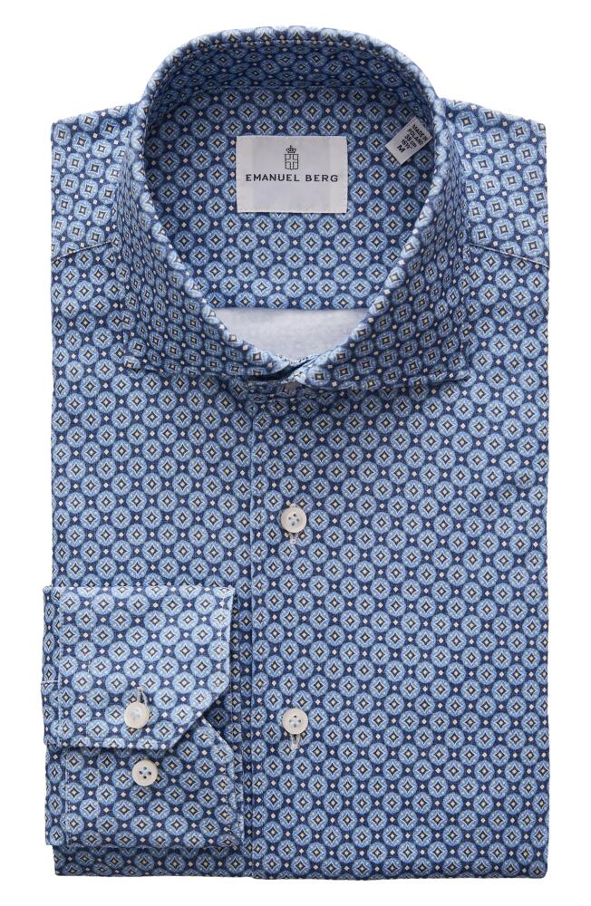 Emanuel Berg 4Flex Modern Fit Medallion Print Knit Button-Up Shirt in Dark Blue Cover