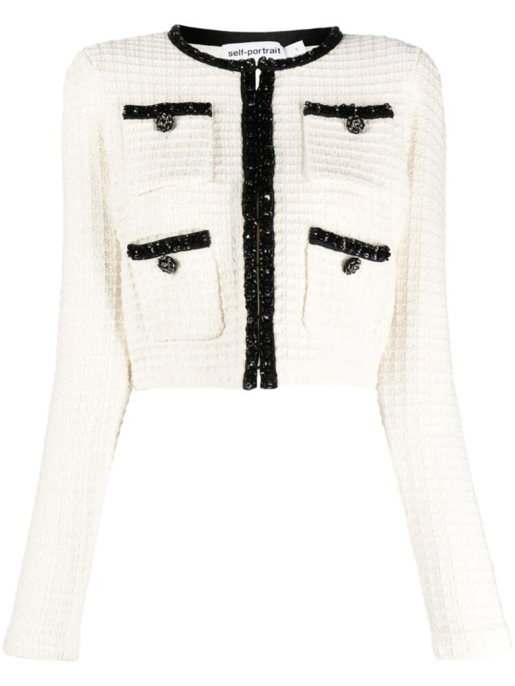 Self-Portrait waffle-knit cropped jacket - White Cover