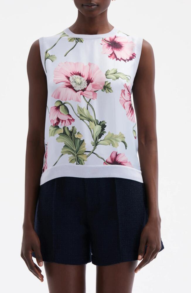 Oscar de la Renta Poppy Print Mixed Media Sleeveless Sweater in Light Blue/Pink Cover