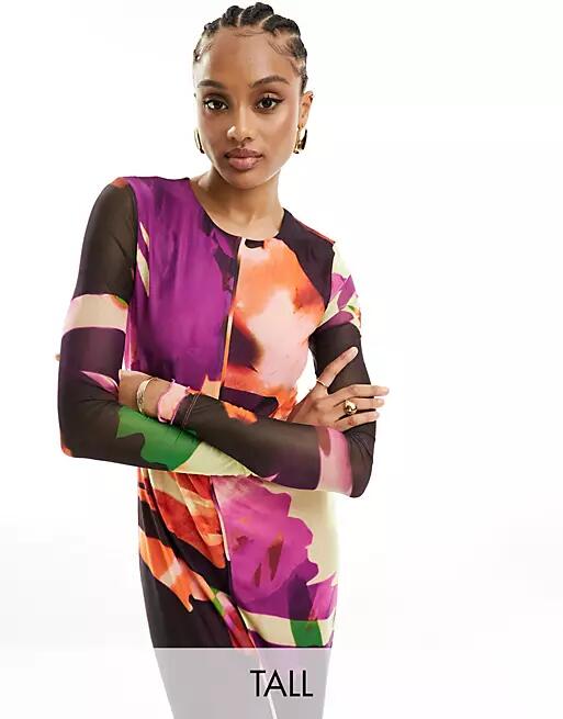 Vero Moda Tall long sleeved lettuce edge mesh dress in abstract print-Multi Cover