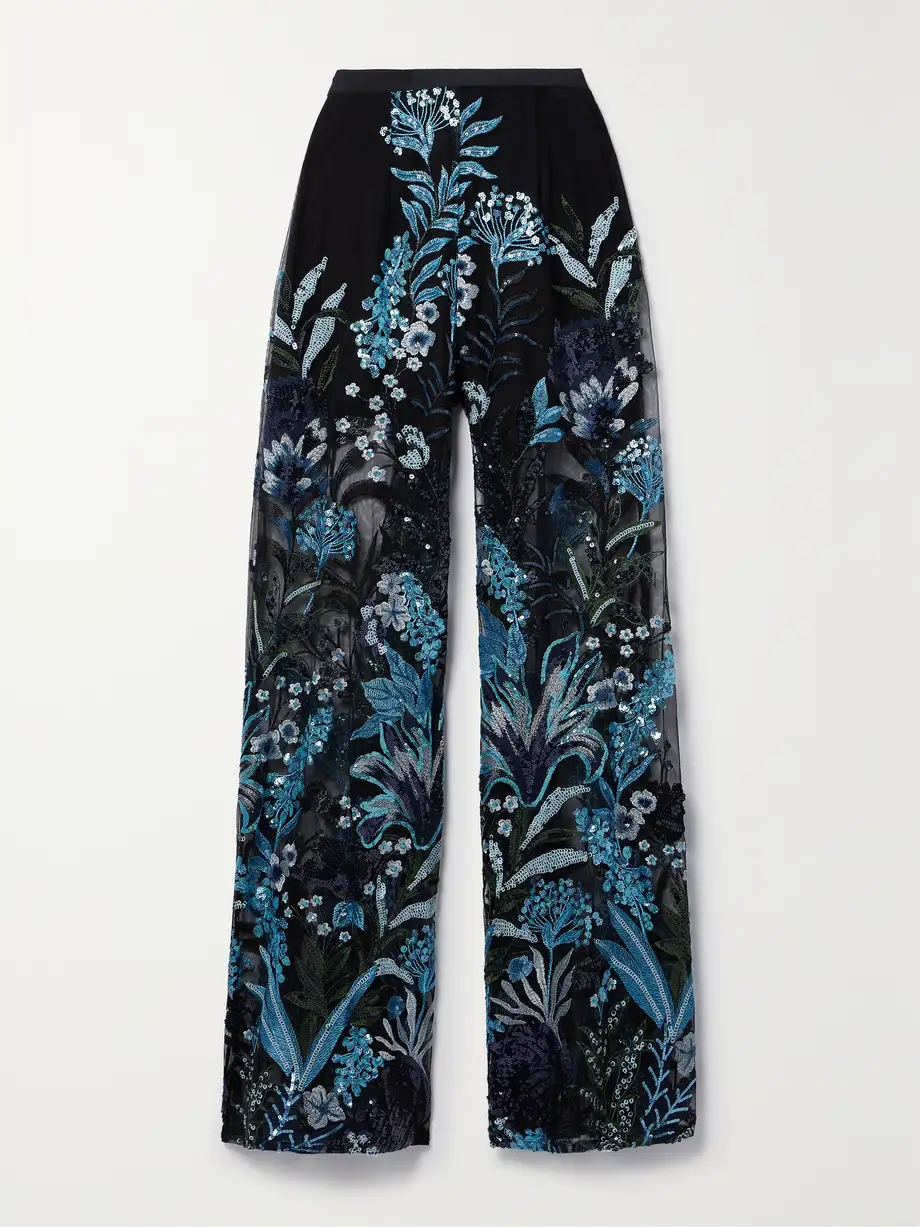 Miguelina - Pamela Sequined Embroidered Tulle Wide-leg Pants - Blue Cover