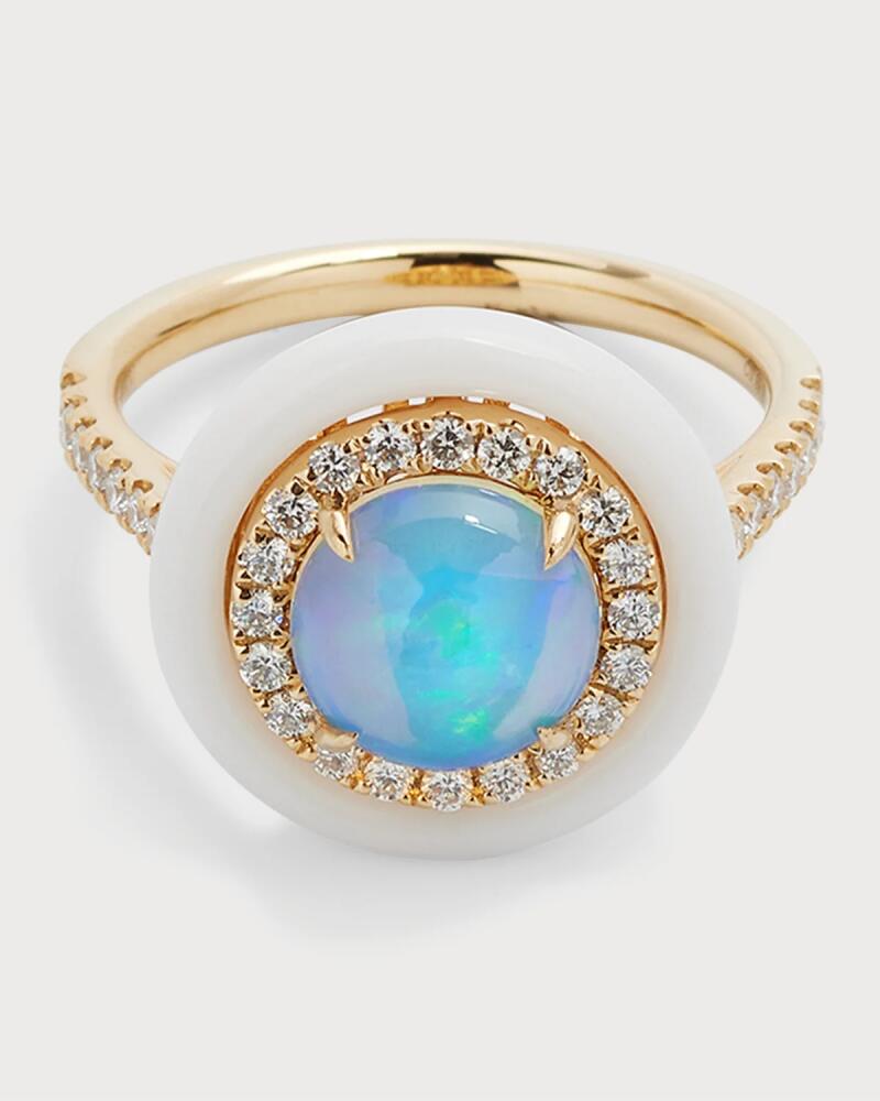 David Kord 18K Yellow Gold Ring with Round Opal, Diamonds and White Frame, 0.99tcw, Size 7 Cover