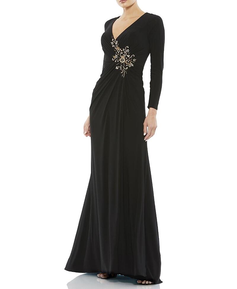 Mac Duggal Faux Wrap Long Sleeve Gown w/ Applique Detail Cover