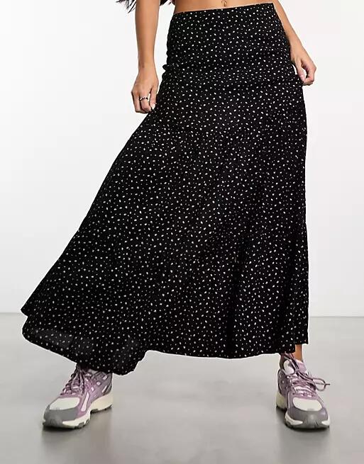 Daisy Street low rise tiered boho maxi skirt in micro ditsy print-Navy Cover