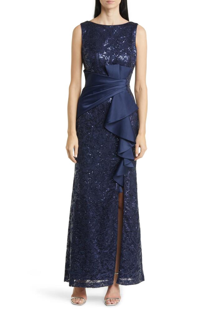 Eliza J Sequin Ruffle Sleeveless Lace Trumpet Gown in Navy Cover