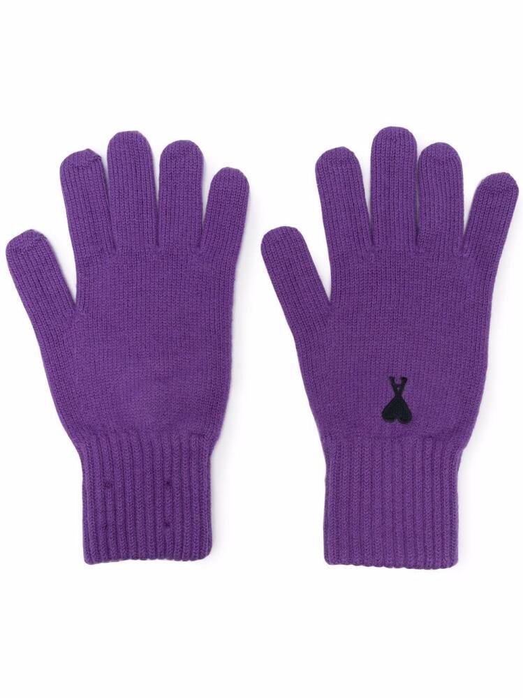 AMI Paris logo-embroidered merino gloves - Purple Cover