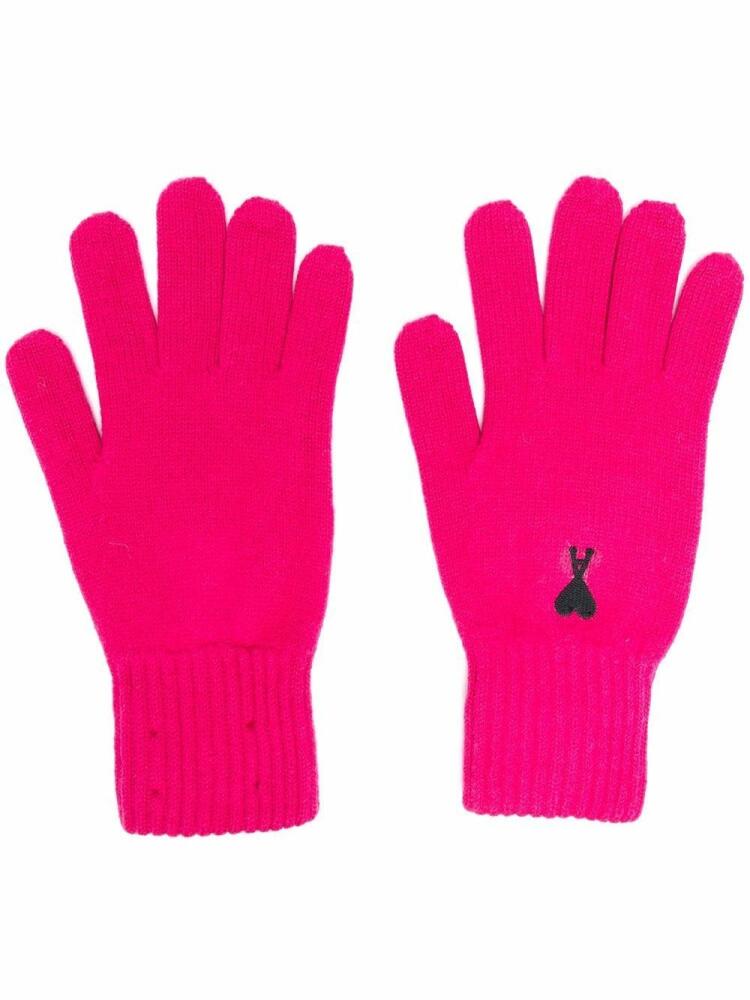 AMI Paris logo-embroidered merino gloves - Pink Cover