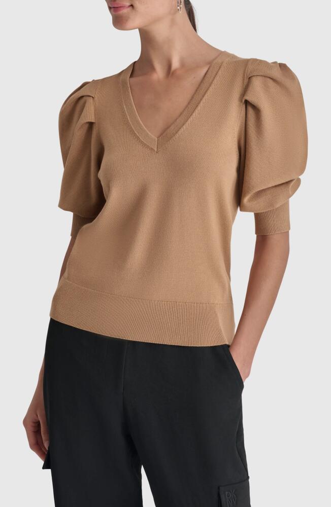 DKNY Puff Sleeve V-Neck Sweater in Truffle Cover