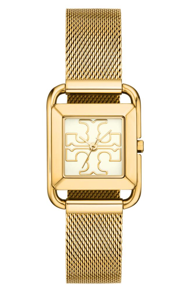 Tory Burch The Miller Square Mesh Strap Watch, 24mm in Ivory/Gold/Gold Mesh Cover