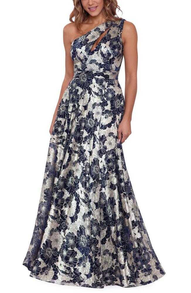 Betsy & Adam Metallic Floral One-Shoulder Gown in Navy/Gold Cover