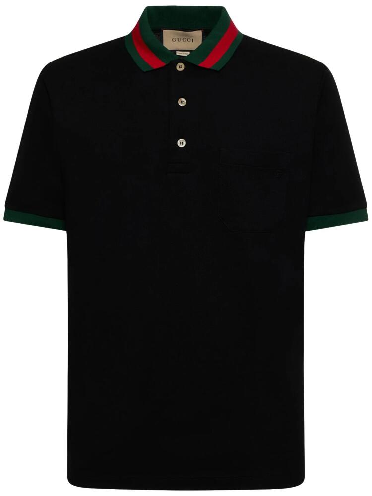 GUCCI Stretch Cotton Blend Polo Shirt W/ Web Cover