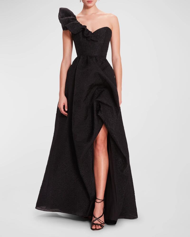 Marchesa Notte Draped One-Shoulder Cloque Ballgown Cover