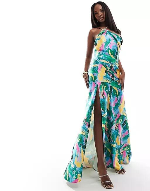 True Violet satin one shoulder slip maxi dress in abstract print-Multi Cover