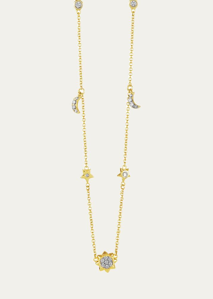 Monica Rich Kosann Yellow Gold Cable Chain with Center Diamond Sun, Moon and Star Cover