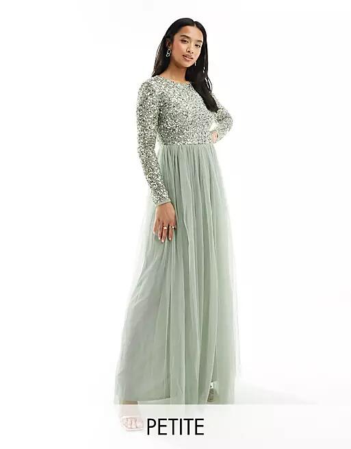 Maya Petite Bridesmaid long sleeve maxi dress with delicate sequin in sage green Cover