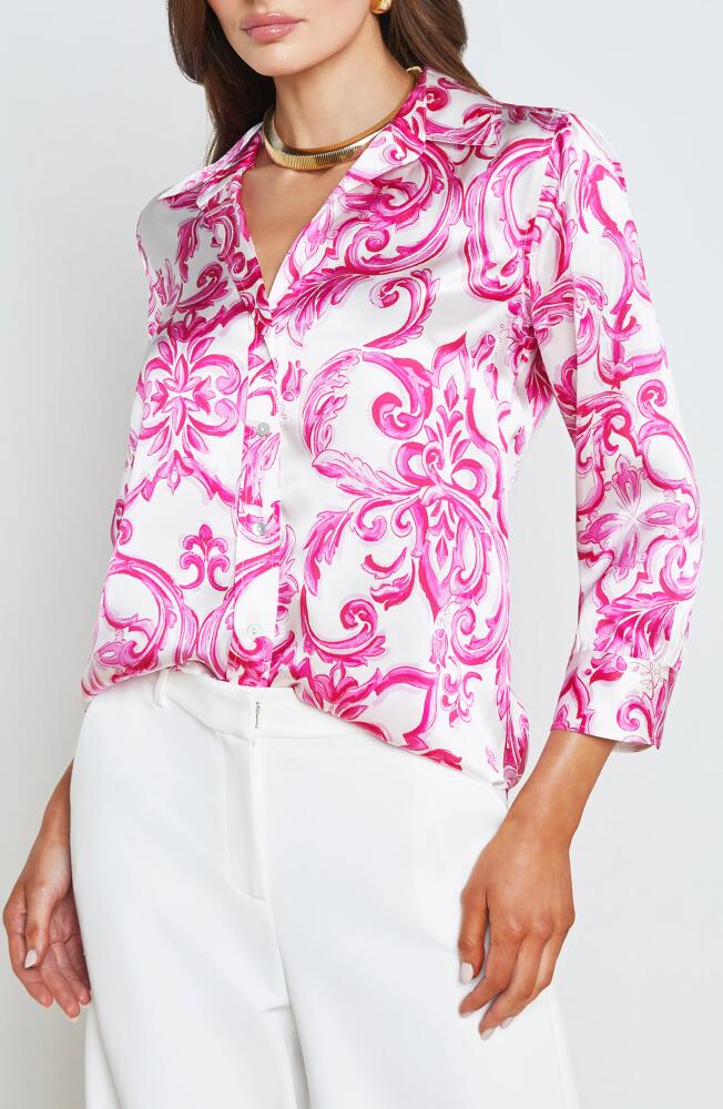 L'AGENCE Dani Silk Button-Up Shirt in White/Pink Mediterranean Tile Cover