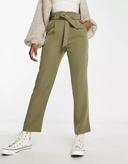 New Look paperbag tie waist straight leg pants in khaki-Green Cover