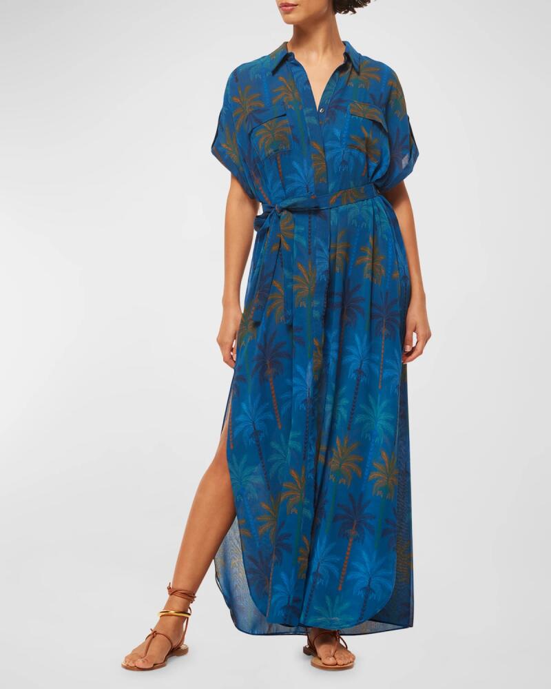 MISA Los Angeles Lou Belted Palm-Print Chiffon Maxi Shirtdress Cover