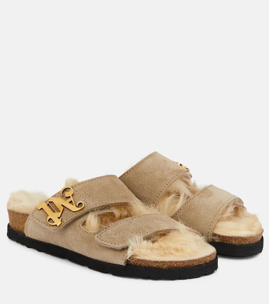 Palm Angels Faux fur-trimmed suede sandals Cover