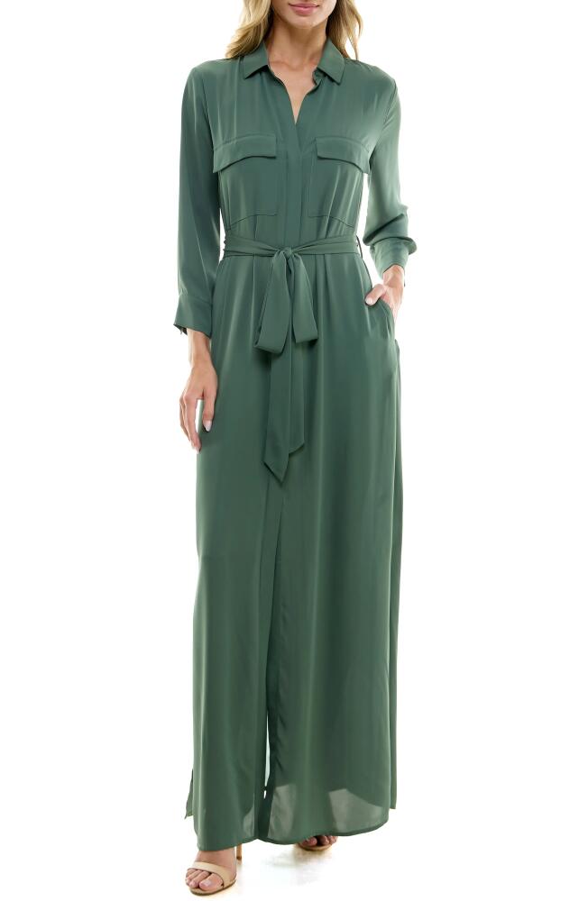 Socialite Long Sleeve Satin Maxi Shirtdress in Olive Cover