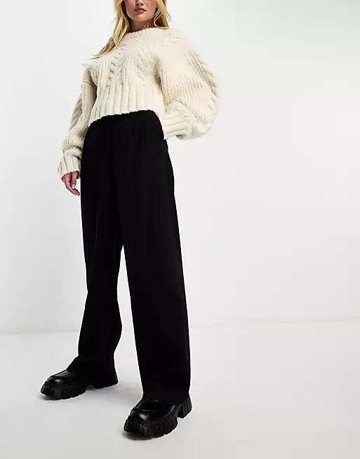 Bershka double waistband wide leg tailored pants in black Cover