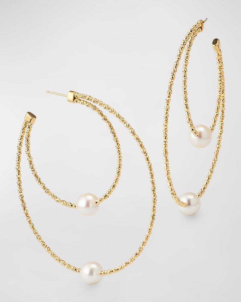 Pearls By Shari 18K Yellow Gold Double Hoop Akoya Pearl Earrings Cover