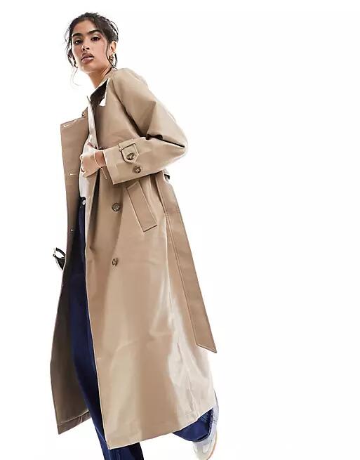 Vero Moda leather look belted trench coat in stone-Neutral Cover