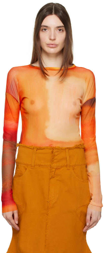 Paula Canovas Del Vas Orange Semi-Sheer Long Sleeve T-Shirt Cover