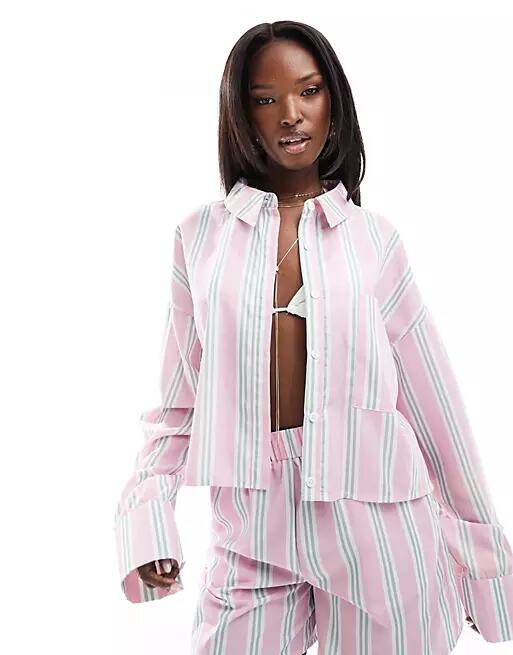 Kaiia cropped poplin shirt in pink stripe - part of a set-Multi Cover