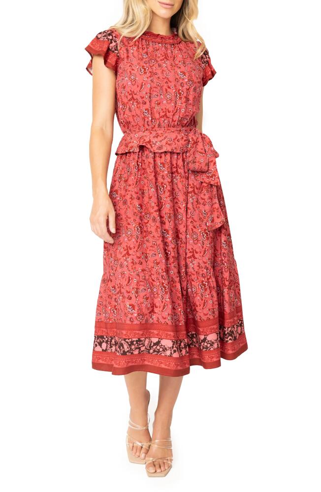 GIBSONLOOK Harvest Moon Floral Paisley Side Bow Midi Dress in Burgundy Spice Border Print Cover