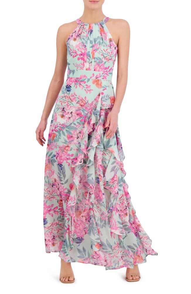 Eliza J Floral Print Asymmetric Ruffle Sleeveless Maxi Dress in Mint Cover